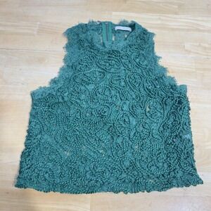 Zara Trafaluc Women's Blouse Green Embroidered Lace Zip Up Sleeveless Halter S